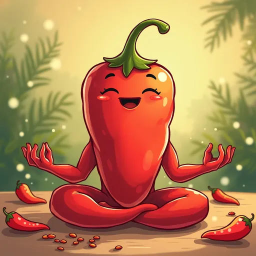 Prompt: Spices in background, cartoon chilli pepper meditating.