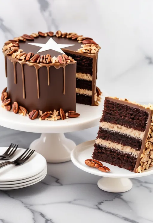 Prompt: Flag of Texas cake topper, German's chocolate cake, three layers of chocolate cake filled and topped with a coconut-pecan frosting. A beautifully three layered chocolate cake takes center stage on a marble cake stand, flag of Texas topper, brown chocolate cake, showcasing its rich, dark exterior adorned with a glossy ganache and a sprinkle of chopped pecans along the base. The top of the cake is decorated with a luscious coconut and pecan frosting, enhancing its visual appeal with its creamy texture and toasted coconut flakes. Beside the cake, a perfectly sliced piece reveals three moist layers, each filled with a decadent blend of chocolate and coconut, stacked high to invite a satisfying bite. The scene is complemented by a cozy, inviting atmosphere perfect for a celebration or gathering. Bright, diffused lighting adds warmth to the image, enhancing the indulgent nature of the dessert.