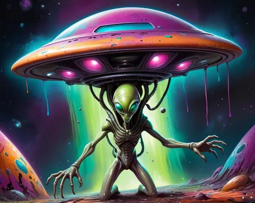 Prompt: Alien abduction. Alien using a Probe. Space vibes
Graffiti illustration. Vibrant colors. Splatter.