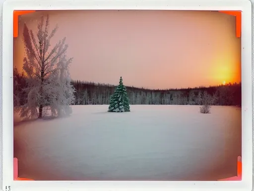 Prompt: Create image:
Realistic polaroid picture that captured, soft focus. Snowstorm of snowflakes in  pink, orange, yellow, or green when dust or algae are present. Orange snow fell in Siberia. pink “watermelon snow” appeared in Krasnodar in 2010.