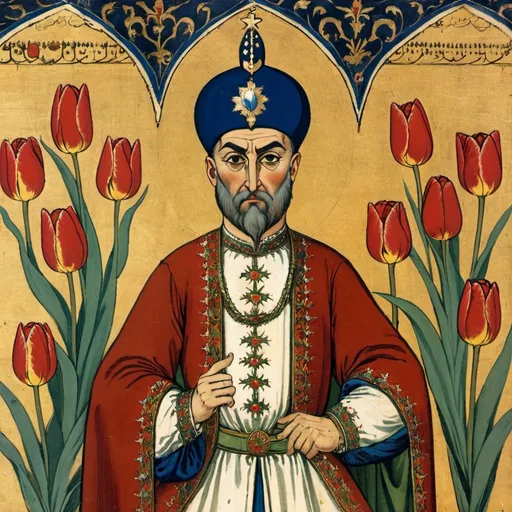 Prompt: Early medieval painting of Ottoman sultan, colorful tulips on their turbans luxury and power.