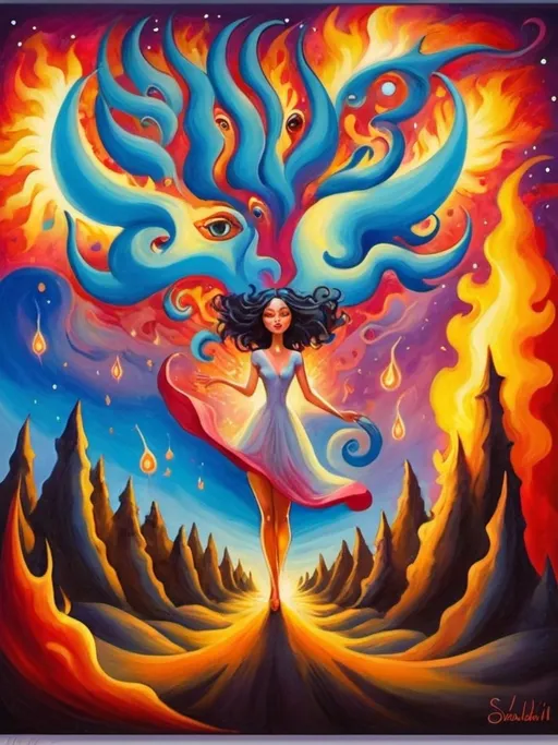 Prompt: Art style of Salvadore Dahli.
 Surrealist art movement. 
A dreamscape of imagination that Evokes a feeling of Trust and self worth. An overall sense of happiness about life. 

A self fanning tiny, inner sparks of possibility into flames of achievement showing a sense of movement and enlightenment. surreal. Fantasy. Bright colors. 