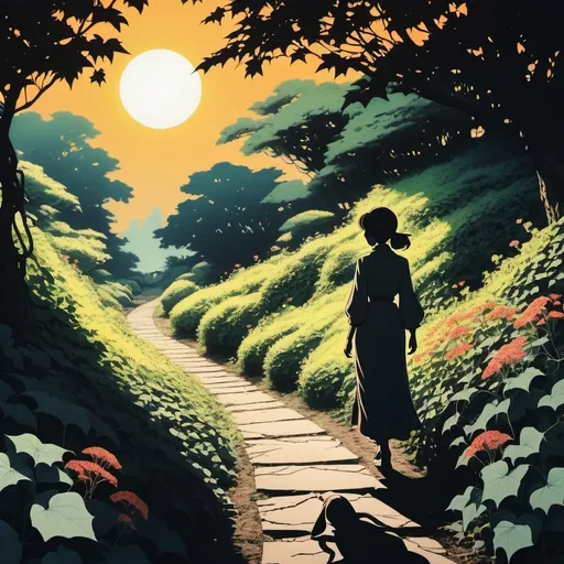 Prompt: A woman's silhouette walking a trail towards a bright sun, Image is framed by Ivy and start in foreground with is dark dead and rotting flowers which Slowly goes from dead flowers to beautiful lush garden the more the woman walks down the trail, Journey, contemplative, Bright colors, vintage anime, Japanese.