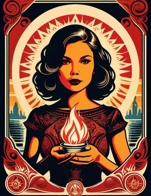 Prompt: Art style of Shepard Fairey.
 Surrealist art movement. 
A dreamscape of imagination that Evokes a feeling of Trust and self worth. An overall sense of happiness about life. 

A self fanning tiny, inner sparks of possibility into flames of achievement showing a sense of movement and enlightenment. surreal. Fantasy. Bright colors. 