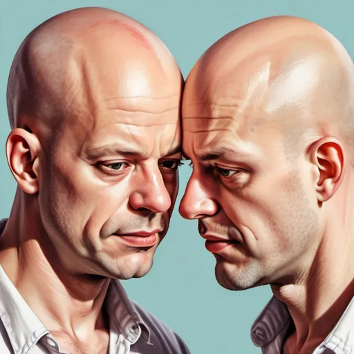 Prompt: two bald guy put their heads together. Ariel view. Macro. Illustration