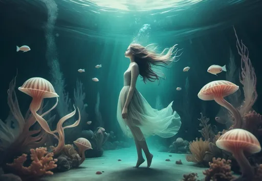 Prompt: An underwater fantasy lands.digital artwork inspired by Gosia Kmiec. The image evokes a feeling of lightness and oddness. beautiful imaginative creatures. fantasy art.