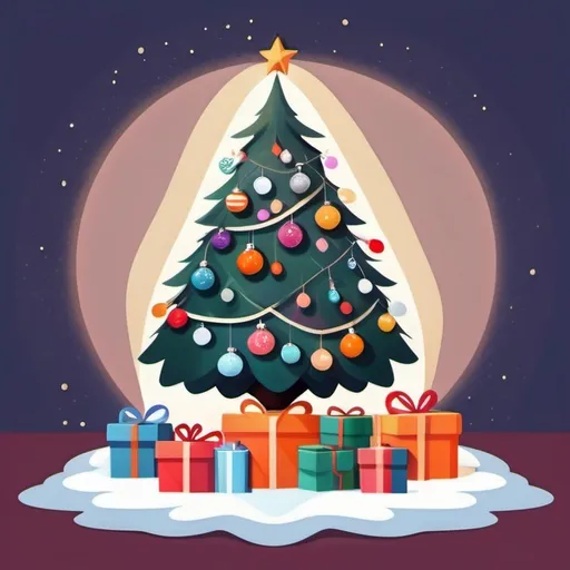 Prompt: Christmas tree lit with white lights and decorated with multicolor ball ornaments stand in the center of the frame surrounded by cute wool felt Christmas presents. Presents wrapped in fuzzy fabric, felt. Christmas. Christmas colors. Anime illustration.