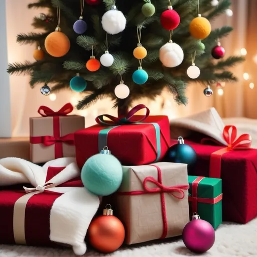 Prompt: Christmas tree lit with white lights and decorated with multicolor ball ornaments stand in the center of the frame surrounded by cute wool felt Christmas presents. Presents wrapped in fuzzy fabric, felt. Christmas. Christmas colors. 