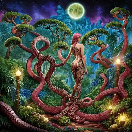 Prompt: Creationism. A Lush colorful biblical Garden of eden dreamscape with fig trees. One lone Snake coils around  A female standing perfectly still with back facing frame. Rising from the female are multiple souls watching from the night sky. image of evokes feelings of understanding and creativity and peace. 