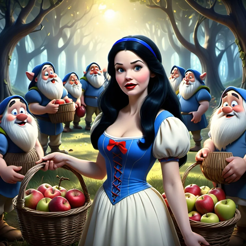 Prompt: Snow White and Seven dwarfs in a magical forest filled with electric wires and computers.Snow White wears a white dress with a blue zipper and long black hair, holding a basket of apples. Seven dwarfs stands behind her, watching her. The atmosphere is happy and beautiful, with 7 dwarves looking them , hd , realistic , 3d