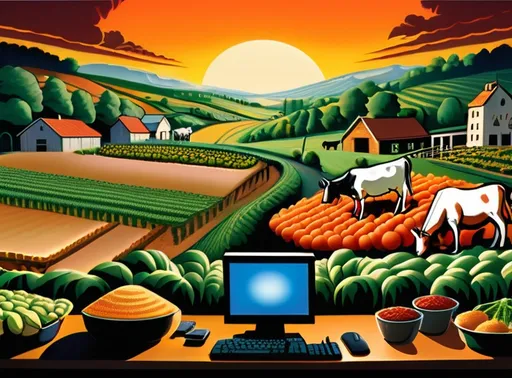 Prompt: Giant computer serves as the background of the Image and displays a sunrise on the black screen. The middle ground.depicts a rolling lush landscape filled with vegetables and crops. In the foreground there are Cows and chickens and goats and horses and sheep graze the growing crops through the hill.  Reminiscent of Old Macdonalds Farm.