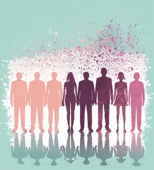 Prompt: large number people, silhouettes. Pastel colors. Splatter. Illustration.