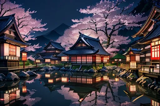 Prompt: Realistic, traditional japanese village at night, cherry blossom, detailed architecture, serene atmosphere, high quality, traditional, village, night scene, cherry blossom, detailed buildings, serene, realistic, atmospheric lighting, peaceful, traditional Chinese, cool tones