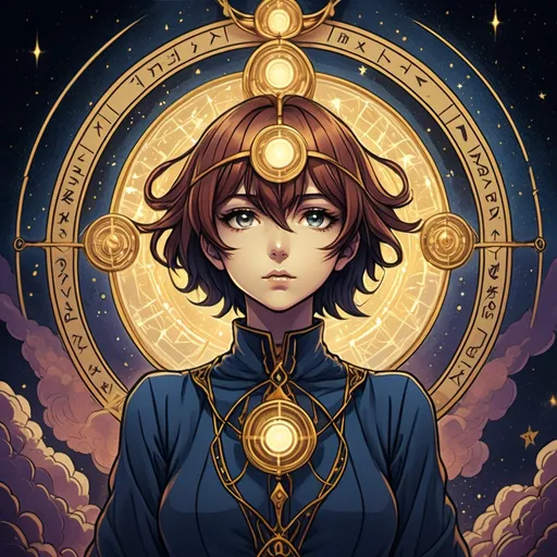 Prompt: tarot card Anime illustration of Mystery creates wonder, wonder is the basis of man's brain, desire, understanding, dramatic lighting