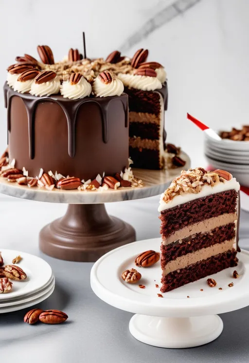 Prompt: Flag of Texas and background, German's chocolate cake, three layers of chocolate cake filled and topped with a coconut-pecan frosting. A beautifully three layered chocolate cake takes center stage on a marble cake stand, flag of Texas, top, red chocolate cake, showcasing its rich, dark exterior adorned with a glossy ganache and a sprinkle of chopped pecans along the base. The top of the cake is decorated with a luscious coconut and pecan frosting, enhancing its visual appeal with its creamy texture and toasted coconut flakes. Beside the cake, a perfectly sliced piece reveals three moist layers, each filled with a decadent blend of chocolate and coconut, stacked high to invite a satisfying bite. The scene is complemented by a cozy, inviting atmosphere perfect for a celebration or gathering. Bright, diffused lighting adds warmth to the image, enhancing the indulgent nature of the dessert.