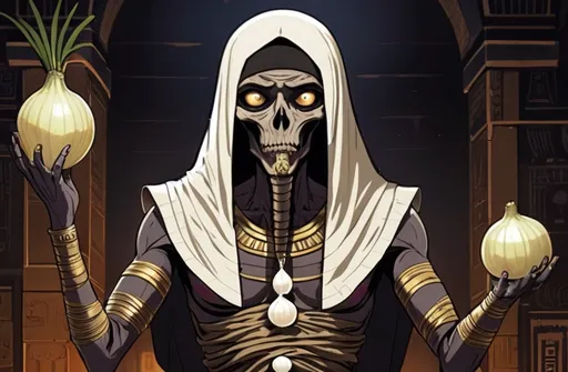 Prompt: 2d dark j horror anime style, Egyptian, mummy with white onions in a place of eyeballs