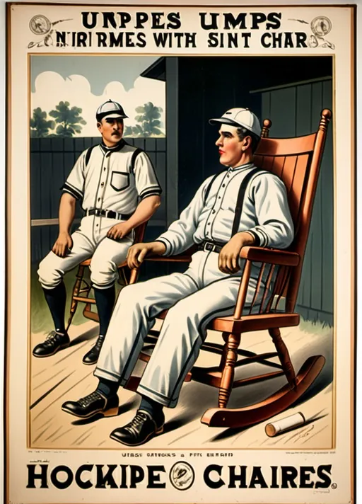 Prompt: Baseball umpires used to sit in rocking chairs Mid-19th century. In the early days, umpire reclines in a rocking chair located 20 feet behind home plate. Vintage sports poster.