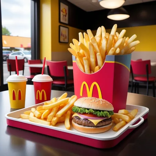 Prompt: The mcdonald interior view of fast food, dining room, children indulge at the McDonald eating a tray of pink bubblegum broccoli with french fries.