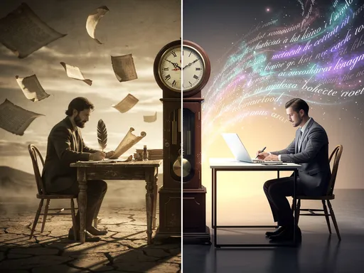 Prompt: Create an image of two writers facing opposite directions on a split landscape — one side in faded sepia tones with falling pages, the other in vivid color with floating words forming in the air. The left figure is writing with a quill on parchment (past), the right with a fountain pen on a blank sheet (future). A clock stands between them, splitting the scene.”
	•	Style & Photographic Specs:
	•	Artistic surrealism, high dynamic range (HDR)
	•	50 mm lens, f/4 aperture (moderate DoF)
	•	Golden hour lighting for contrast
	•	Rule of thirds composition