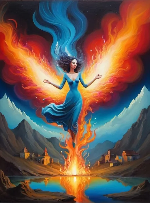 Prompt: Art style of Salvadore Dahli.
 Surrealist art movement. Fantasy. 
A dreamscape of imagination that Evokes a feeling of Trust and self worth. An overall sense of happiness about life. 
A self emmits tiny, inner sparks of possibility into flames of achievement showing a sense of movement and enlightenment. surreal. Fantasy. Bright colors. 