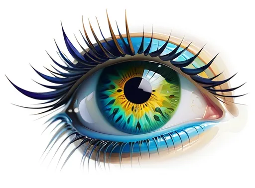 Prompt:  strikingly set of stylized eyes serves as the central focus, featuring an iris that vividly incorporates an image of the Earth, blending blue and green hues for water and land. The detailed black pupil draws attention, surrounded by a radiant burst of colors resembling a sun's rays, enhancing the eye's impact. Long, delicate eyelashes frame the eye, contrasting with the smooth, white background that accentuates its vivid colors and intricate details. This graphic imagery exudes a sense of depth and metaphor, potentially symbolizing vision, awareness, or a global perspective, inviting viewers to reflect on their connection to the world.