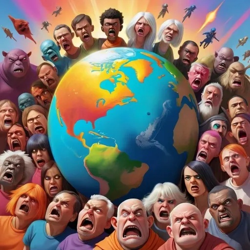 Prompt: A brightly colored sunshiny planet earth surrounded by mean horrible people 