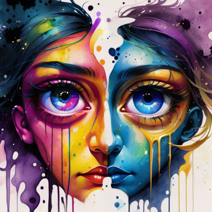 Prompt: digital watercolor painting, two eyes look into frame, Ewing, a changing world, paint splatter, bright colors bold brush strokes, art nouveau