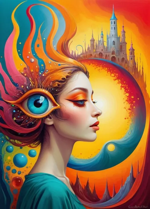 Prompt: Art style of Salvadore Dahli.
 Surrealist art movement. Fantasy. 
A dreamscape of imagination that Evokes a feeling of Trust and self worth. An overall sense of happiness about life. 
A self emmits tiny, inner sparks of possibility into flames of achievement showing a sense of movement and enlightenment. surreal. Fantasy. Bright colors (oranges, yellows, reds, teals, blues, white, pink, bright green.)