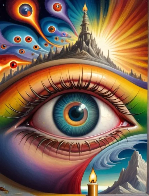 Prompt: Art style of Salvadore Dahli.
 Surrealist art movement. 
A dreamscape of imagination that Evokes a feeling of Trust and self worth. An overall sense of happiness about life. 

A self fanning tiny, inner sparks of possibility into flames of achievement showing a sense of movement and enlightenment. surreal. Fantasy. Bright colors. 
