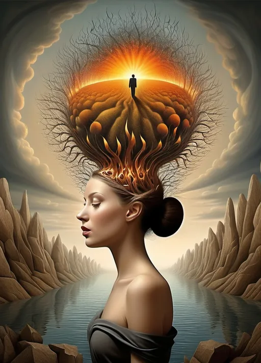 Prompt: Art style of Art style of Igor Morski’s. Surrealist neo-surrealism, modern surrealism, art movement. 
Fantasy.
A dreamscape of imagination that Evokes a feeling of Trust and self worth. An overall sense of happiness about life. 
A self emmits tiny, inner sparks of possibility into flames of achievement showing a sense of movement and enlightenment. surreal. Fantasy. Bright colors (oranges, yellows, reds, teals, blues, white, pink, bright green.)