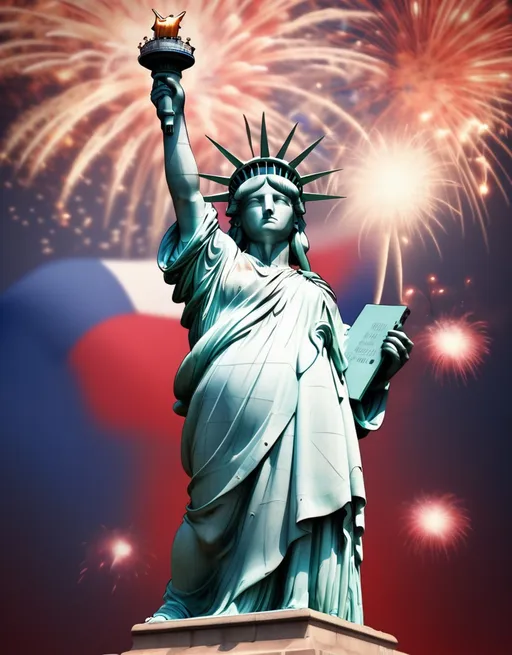 Prompt: red, white and blue. American Independence and American freedom. American flag. Statue of Liberty. Patriotism. Fireworks. vintage background