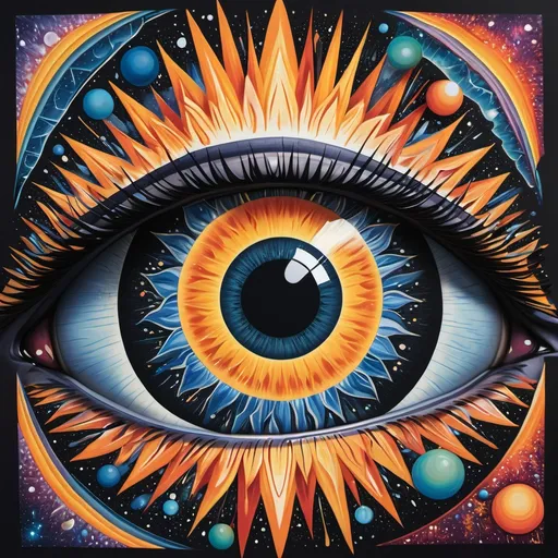 Prompt:  A striking set of stylized eyes serves as the central focus, featuring an iris that vividly incorporates an image of the Earth and universe. The image portrays the changing of a season from winter to spring to summer to fall. The detailed black pupil draws attention, surrounded by a radiant burst of bright colors resembling the image of universe and sun's rays, enhancing the set of eye's impact.