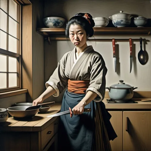 Prompt: Ukiyo-e japanese art Oil painting, Rembrandt, In a tense domestic scene, a  beautiful young shapely female woman stands assertively in a modern Kitchen brandishing a large knife. Her expression conveys a mix of anger and determination, contrasting sharply with the male man's shocked and defensive posture as he raises his hands in a gesture of surrender or plea. The kitchen features  a window with dramatic light filtering in, illuminating the emotional turmoil of the moment. The man's casual attire creates a stark juxtaposition with the threatening situation, amplifying the drama of the interaction. The overall composition captures a moment rife with tension, highlighting the conflict between the male and female characters while blending indoor warmth with anxiety.