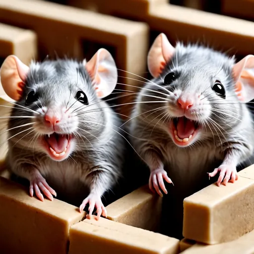 Prompt: Three cute rats Laughing hysterically as they tickled each other in a maze.
