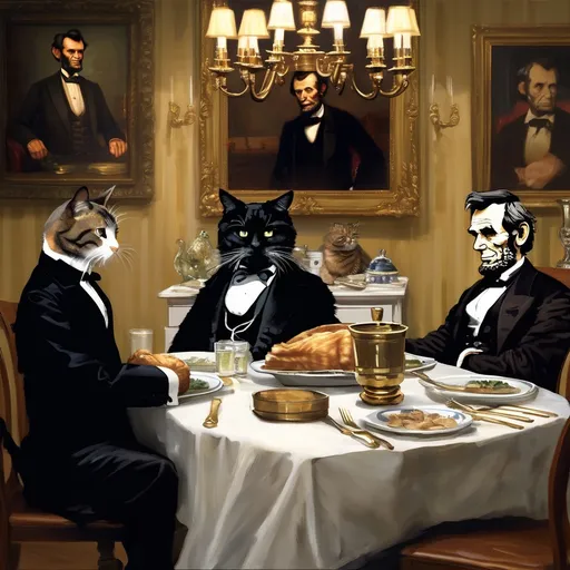 Prompt: White House formal dining room, tabby cat sitting beside Abe Lincoln at the dinner table during a formal dinner at the White House, Abe Lincoln fed cat from the table with a gold fork, Impressionist, regal colors, loose brushwork