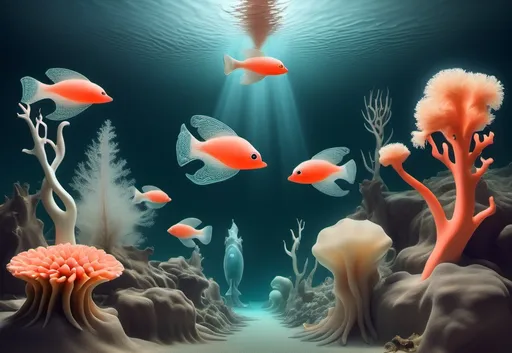 Prompt: Dada style. An underwater fantasy lands. Coral, ocean fish, mythical creature. A digital artwork inspired by artist. Marcel Duchamp, Tristan Tzara, and Hans Arp. The image evokes a feeling of lightness and oddness. beautiful imaginative creatures. fantasy art.