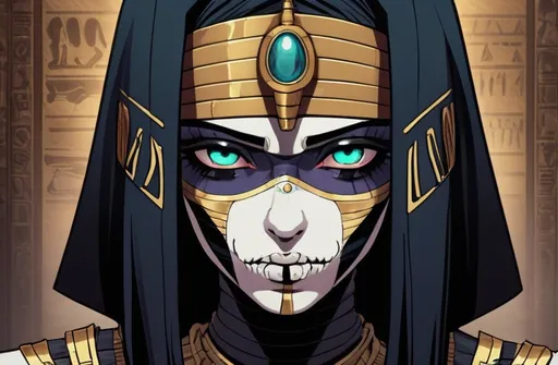 Prompt: 2d dark j horror anime style, Egyptian, mummy macro, gothic 
