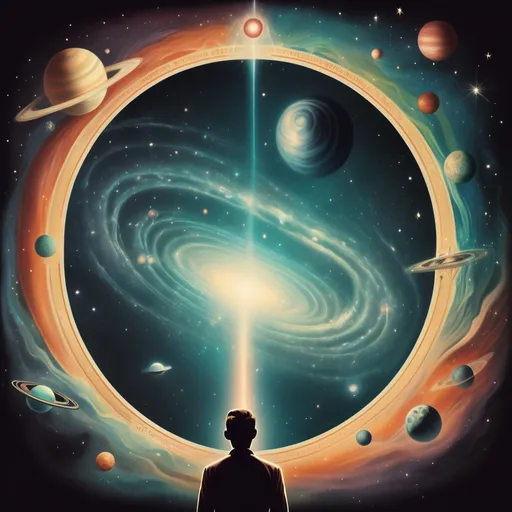Prompt: vintage illustration of space, universe, mysterious, Mystery creates wonder, wonder is the basis of man's brain, desire, understanding, illustration 
