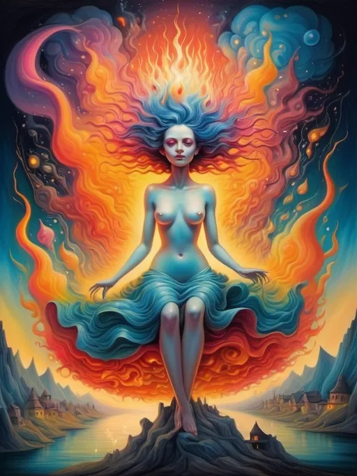Prompt: Art style of Salvadore Dahli.
 Surrealist art movement. Fantasy. 
A dreamscape of imagination that Evokes a feeling of Trust and self worth. An overall sense of happiness about life. 
A self emmits tiny, inner sparks of possibility into flames of achievement showing a sense of movement and enlightenment. surreal. Fantasy. Bright colors. 