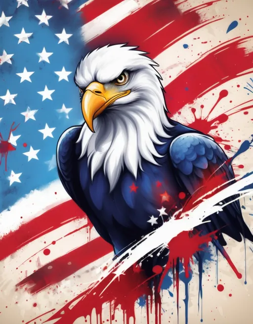 Prompt: Colorful graffiti illustration American Independence and American freedom. American flag. Patriotic. paint splashes, vintage paper background
