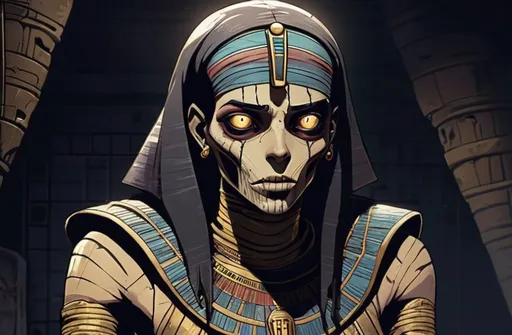 Prompt: 2d dark j horror anime style, Egyptian, mummy macro, gothic 