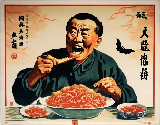 Prompt: Chinese propaganda poster from the cultural revolution, Soviet propaganda posters. An image of a Chinese older male about to eat a bat. style propaganda, COVID