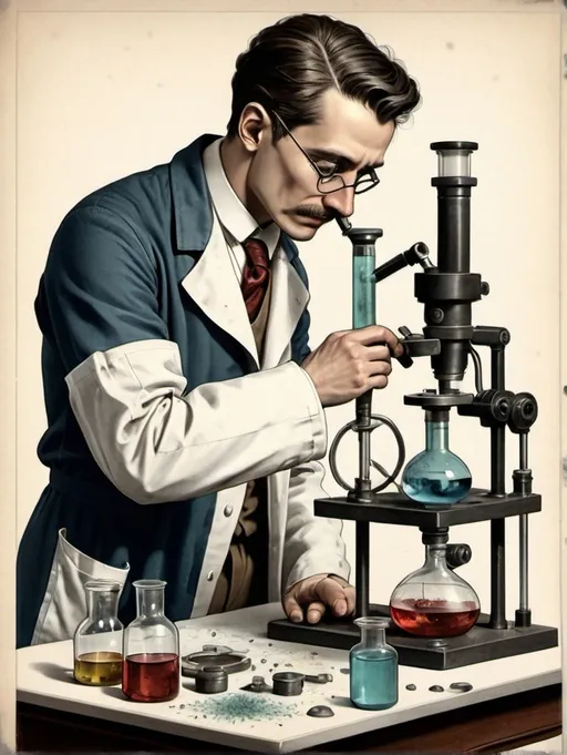 Prompt: Vintage medical illustration. Male scientist. Lab setting. On steel table with microscope sits a cup with mold and liquid spewing from the top onto the table