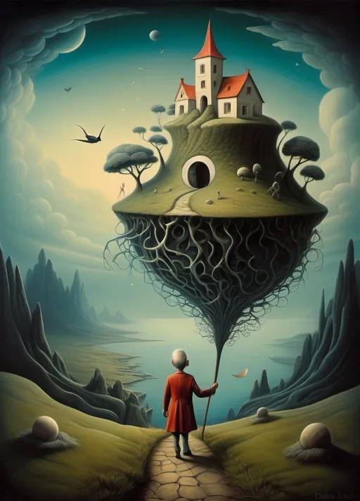 Prompt: Art style of Salvadore Dahli.
 Surrealist art movement. Fantasy. 
A mythical landscape. 
An overall sense of happiness about life. A tiny  man's mind wanders Because it's way too little to be out alone. surreal. Mythological.
