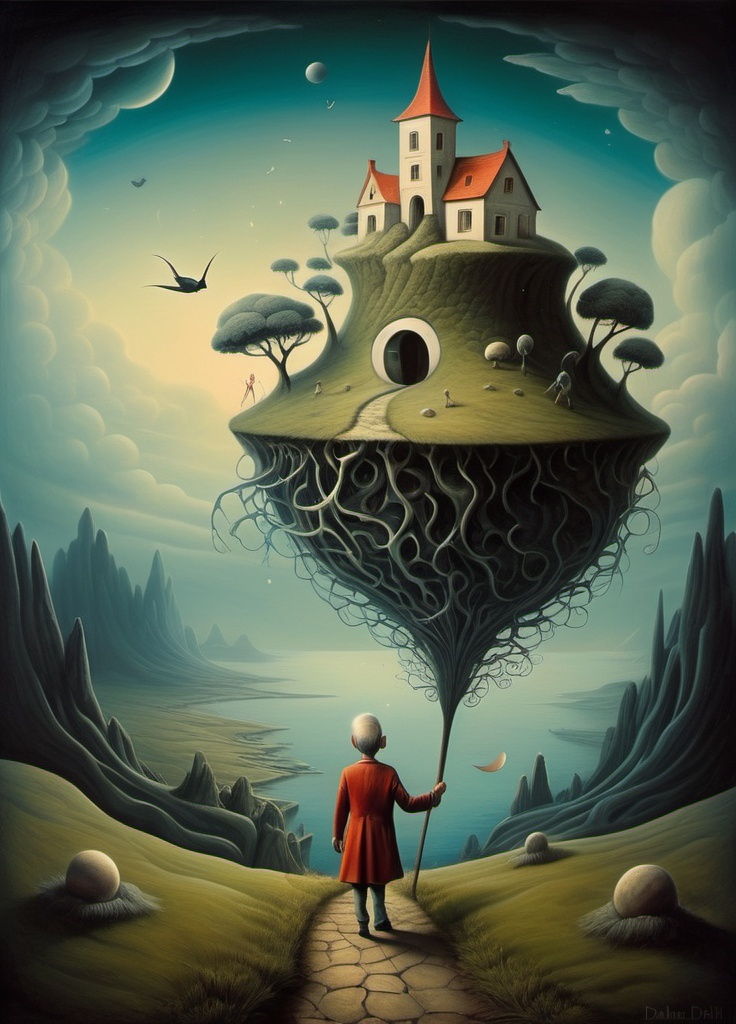 Prompt: Art style of Salvadore Dahli.
 Surrealist art movement. Fantasy. 
A mythical landscape. 
An overall sense of happiness about life. A tiny  man's mind wanders Because it's way too little to be out alone. surreal. Mythological.