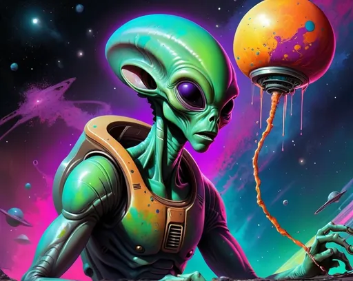 Prompt: Alien abduction. Alien using a Probe. Space vibes
Graffiti illustration. Vibrant colors. Splatter.