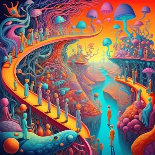 Prompt: A scene with many minds roaming along neuro pathways. Humor. Fantastical dreamscape.  imagination. Bright color scheme. Surrealist art movement. 
