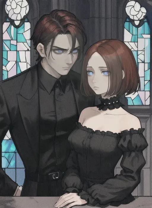 Prompt: A man with short dark hair and brown eyes with tan skin and a stubbled chin, clad in a black shirt with a button-down collar, gazes directly into the blue eyes of a woman with asymmetrical auburn hair style and pale skin wearing punk style dress. They gaze upon each other with a contemplative, serious and yearning expression. Their attire suggests a formal cathedral. The background reveals cathedral stone walls with harsh Moonlight keeping through broken stained glass windows, characterized by an ornate, patterned room. The composition captures the man and woman’s upper body and face, with a slight tilt of the angle adding depth to the image, creating a mood that feels introspective and slightly intense. The overall color scheme is subdued, dominated by dark tones contrasted by light from moon, enhancing the emotional gravity of the moment. J-horror manga gothic style. Dark colors.