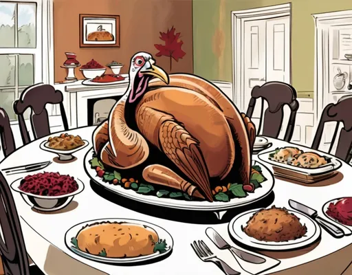 Prompt: Colorful, humorous Thanksgiving illustration of an autumn dining room scene. A large roasted anthropomorphic turkey sits on a platter in the center of the table, surrounded by traditional Thanksgiving side dishes (mashed potatoes, stuffing, cranberry sauce, green beans, rolls). The turkey has wide, bulging eyes with huge pupils in a shocked expression, a little open beak, and several cartoon sweat drops running down its head, clearly realizing what’s about to happen.

Around the table sits a white family of four: Mom, son, and daughter seated with their forks and knives clenched tightly in their fists, leaning forward eagerly toward the turkey. At the head of the table stands Dad, holding a carving fork and knife mid-air, staring in surprise at the shocked, living turkey on the platter. The mood is funny and slightly tense, but family-friendly. Warm autumn colors, cozy dining room, maybe a fall wreath or pumpkin decorations in the background. At the top or bottom of the image, in bold festive lettering, is the text: “Happy Thanksgiving”.