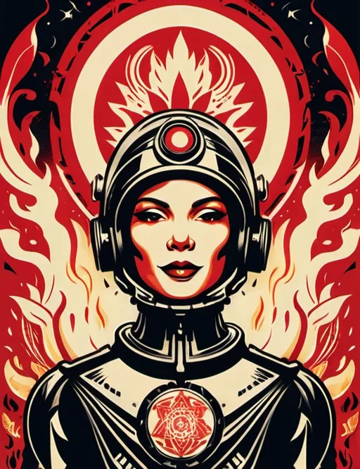 Prompt: Art style of Shepard Fairey (Obey). Surrealist art movement. A dreamscape of dreams and imagination that Evokes a feeling of Trust and self worth. An overall sense of happiness about life. Anthropomorphic self fanning tiny, inner sparks of possibility into flames of achievement showing a sense of movement and enlightenment. surreal. Bright colors. Illustration.